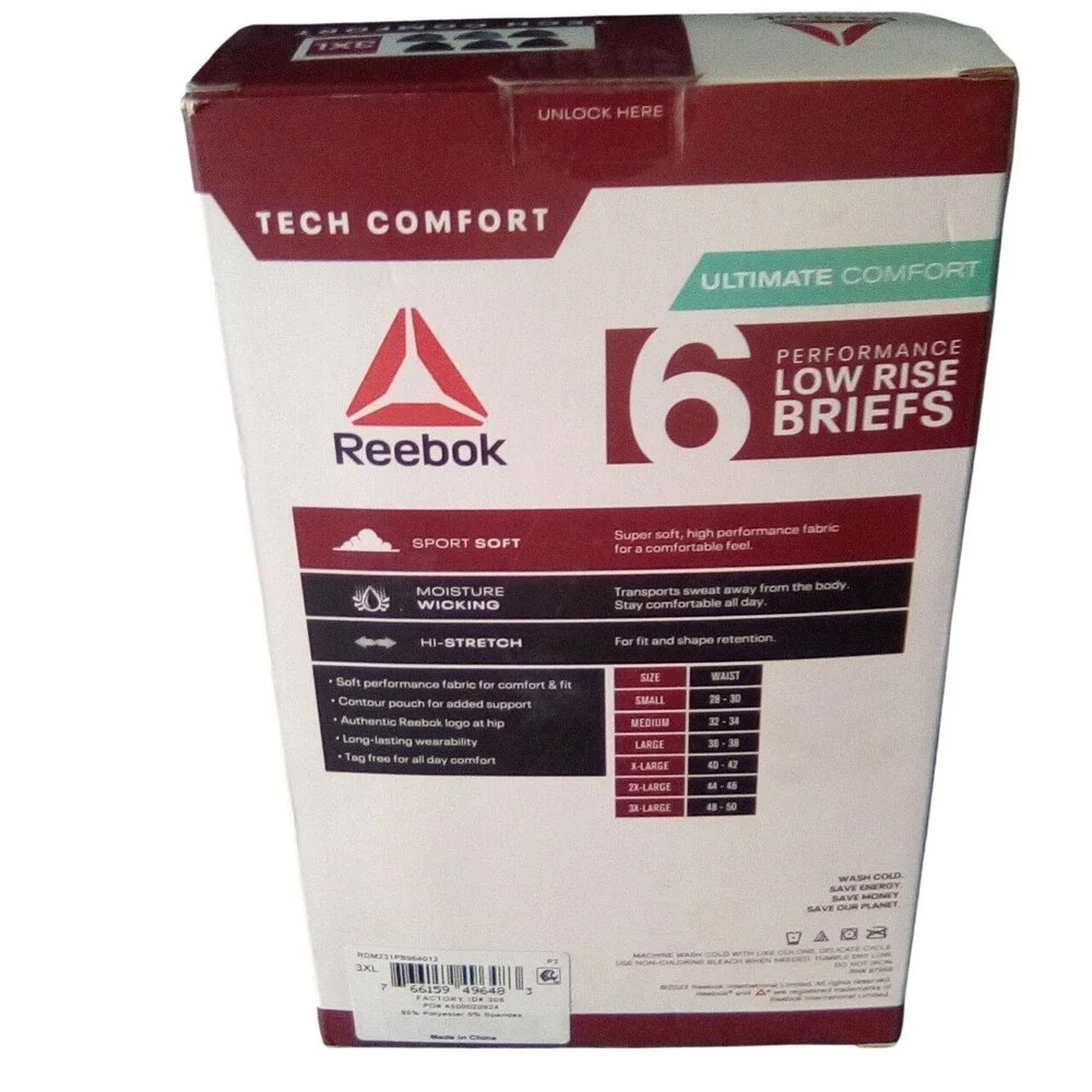 Reebok Tech Comfort (3XL) Mens Performance Low Rise Brief/6 per‎ box/$9  per box